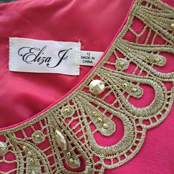 ELIZA J Hot Pink Linen Gold Lace Sleeveless Shift Dress Size 12 Preppy Party - Picture 6 of 10